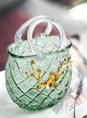 时尚清爽手工玻璃提篮花瓶摆件餐桌插花水培花器家居软装桌面饰品