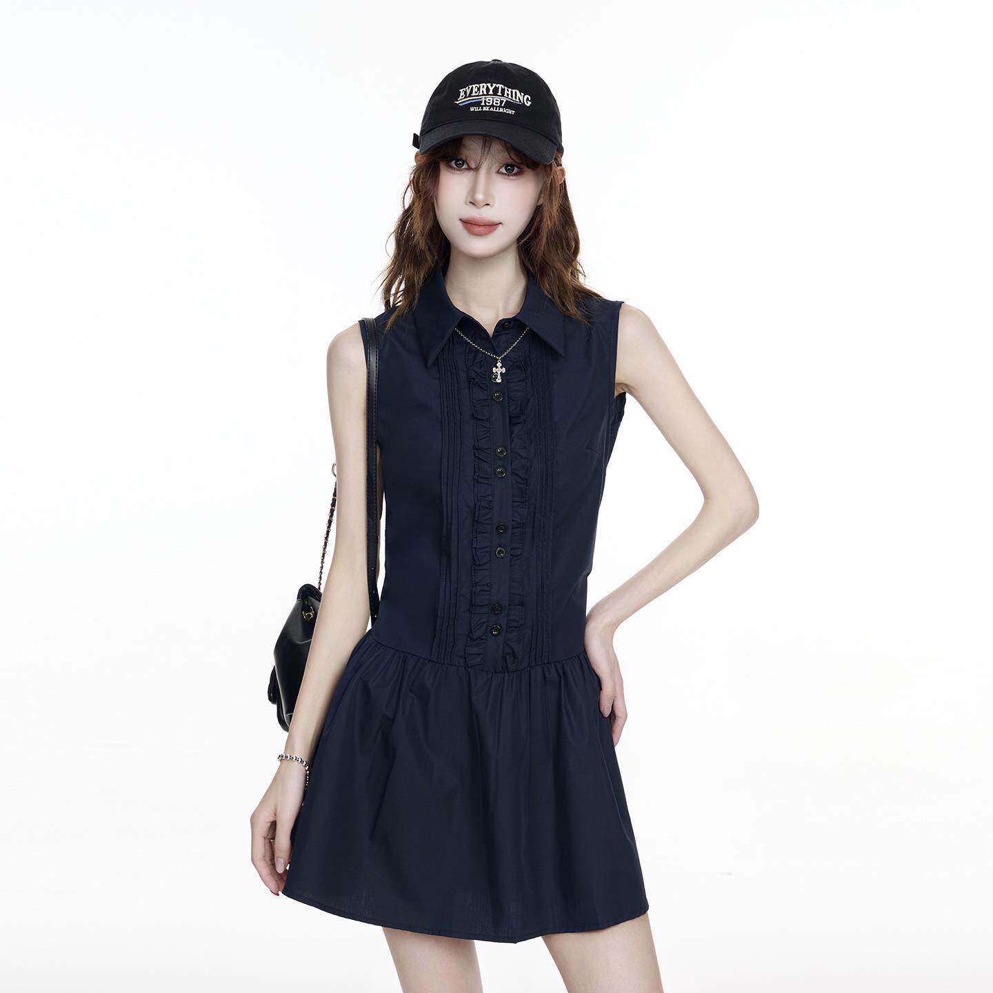 藏青色polo领无袖洋装女2025夏季设计感辣妹风高腰修身短款裙子