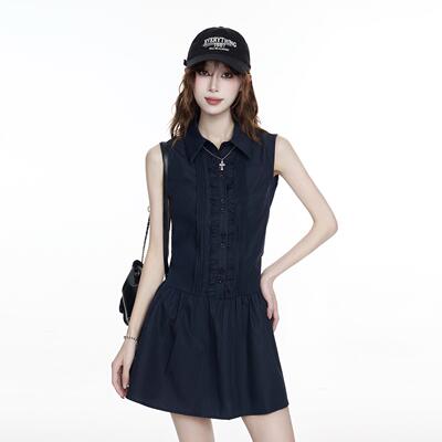 藏青色polo领无袖洋装女2025夏季设计感辣妹风高腰修身短款裙子