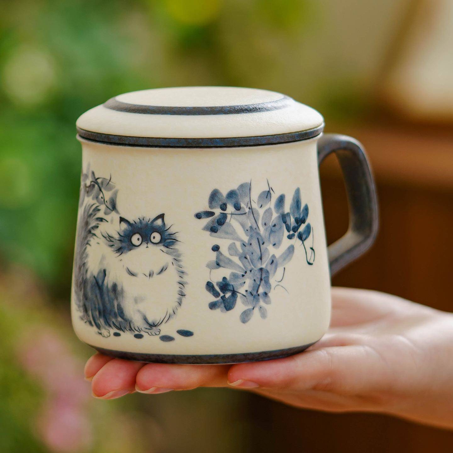岩矿白办公杯青花绘猫咛陶瓷泡茶杯茶水分离杯家用杯子带盖马克杯