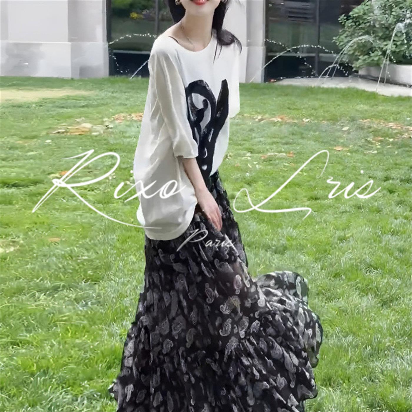 RIXO LRIS法式宽松短袖t恤女上衣女夏季新款时尚a字大摆裙两件套