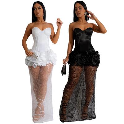 Women's strapless polyester fabric patchwork mesh skirt