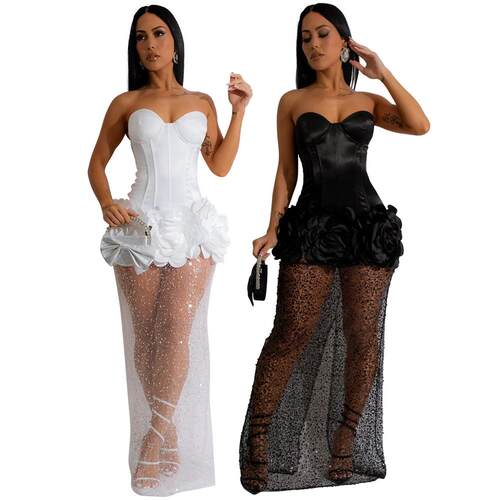 Women's strapless polyester fabric patchwork mesh skirt