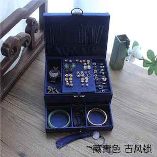 新款量双层复古带锁首饰饰盒抽屉式木质饰品盒大容首收纳盒手镯项