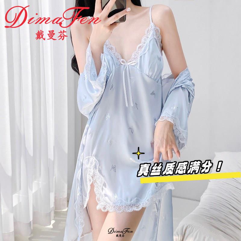 戴曼芬【桑蚕丝】真丝睡裙女春夏季蝴蝶结带胸垫家居服睡衣两件套