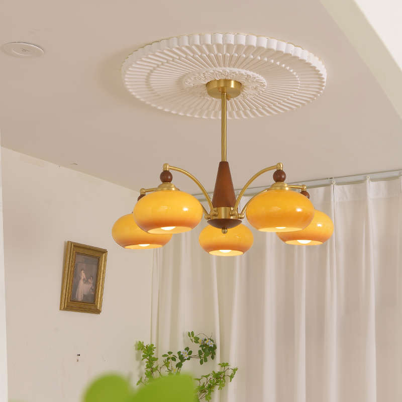 中古柿子客厅吊灯奶油风简约玻璃实木书房灯实木复古法式卧室吊灯