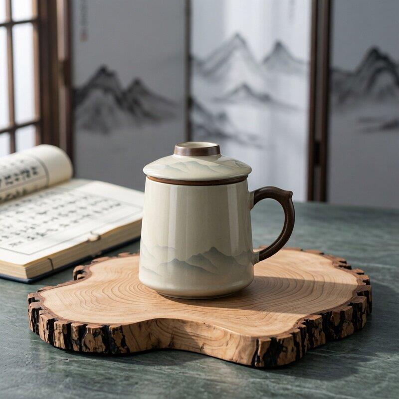 汝窑茶水分离泡茶杯带盖办公杯茶具马克杯牛奶咖啡花果茶水杯子