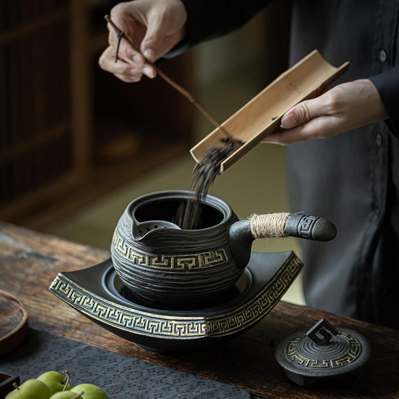 粗陶龙纹图腾侧把壶家用小型古文电陶炉煮茶器煮茶炉老白茶炒茶壶