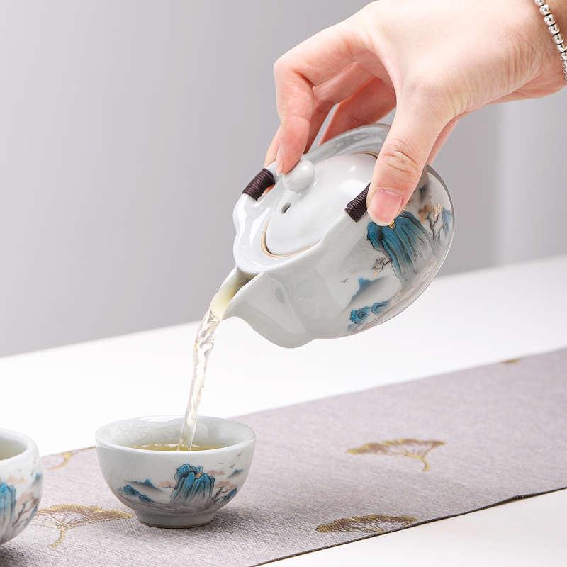 哥窑千里江山快客杯一壶二杯简约手抓泡茶壶套装便携户外旅行茶具