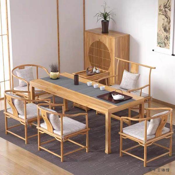 W7新中式原木茶桌榆木书桌马蹄桌办公桌长桌实木工作台餐桌方桌批