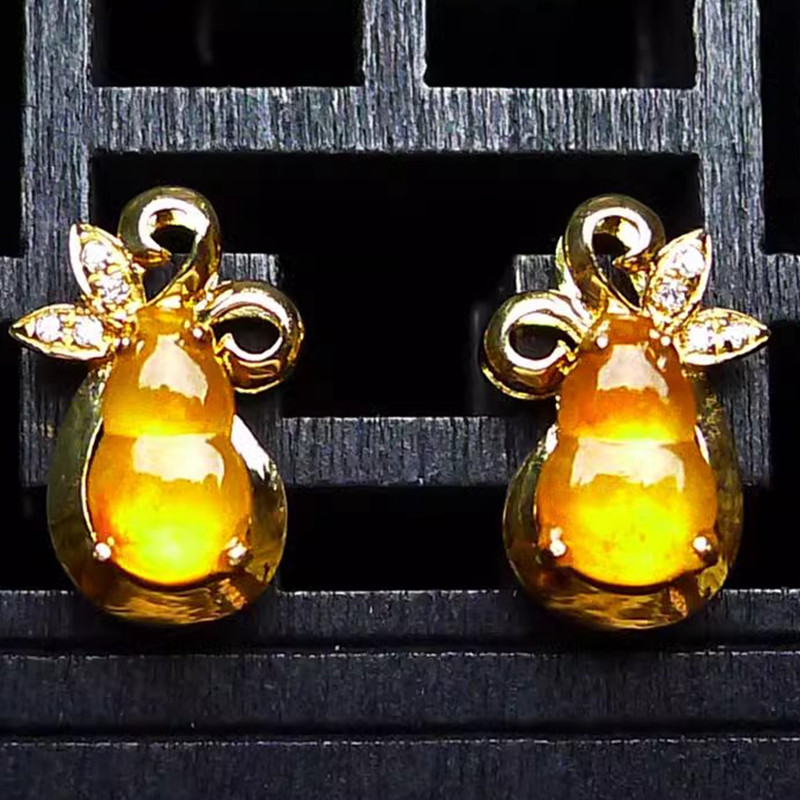 缅甸A货冰种黄翡翠葫芦耳环18k金镶嵌钻石冰种起光黄翡耳坠1.75g