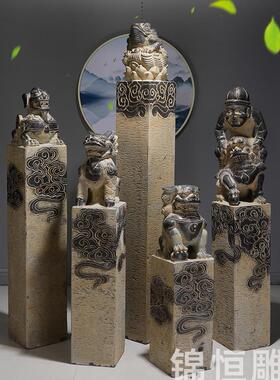 石雕拴马桩狮子貔貅麒麟金蟾青石仿古石柱新中式装饰石摆件栓马石