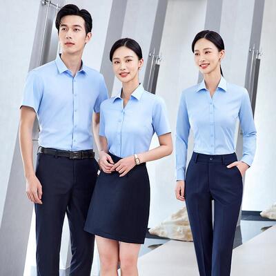 桑蚕丝蓝色V领衬衫男女同款职业工装长短袖夏季工作服定制绣logo