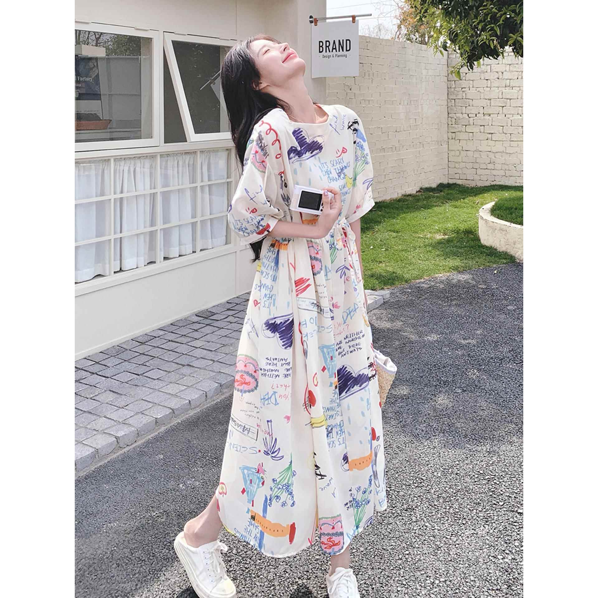 设计感超好看涂鸦印花桔梗a字长裙夏季新款小个子高腰连衣裙女裙