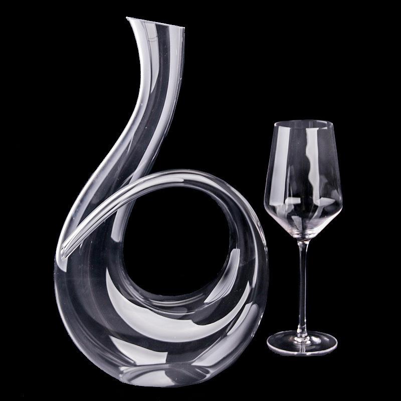 订制LOGO创意无铅水晶6字醒酒器弯曲把手倒酒器人工吹制一体成型