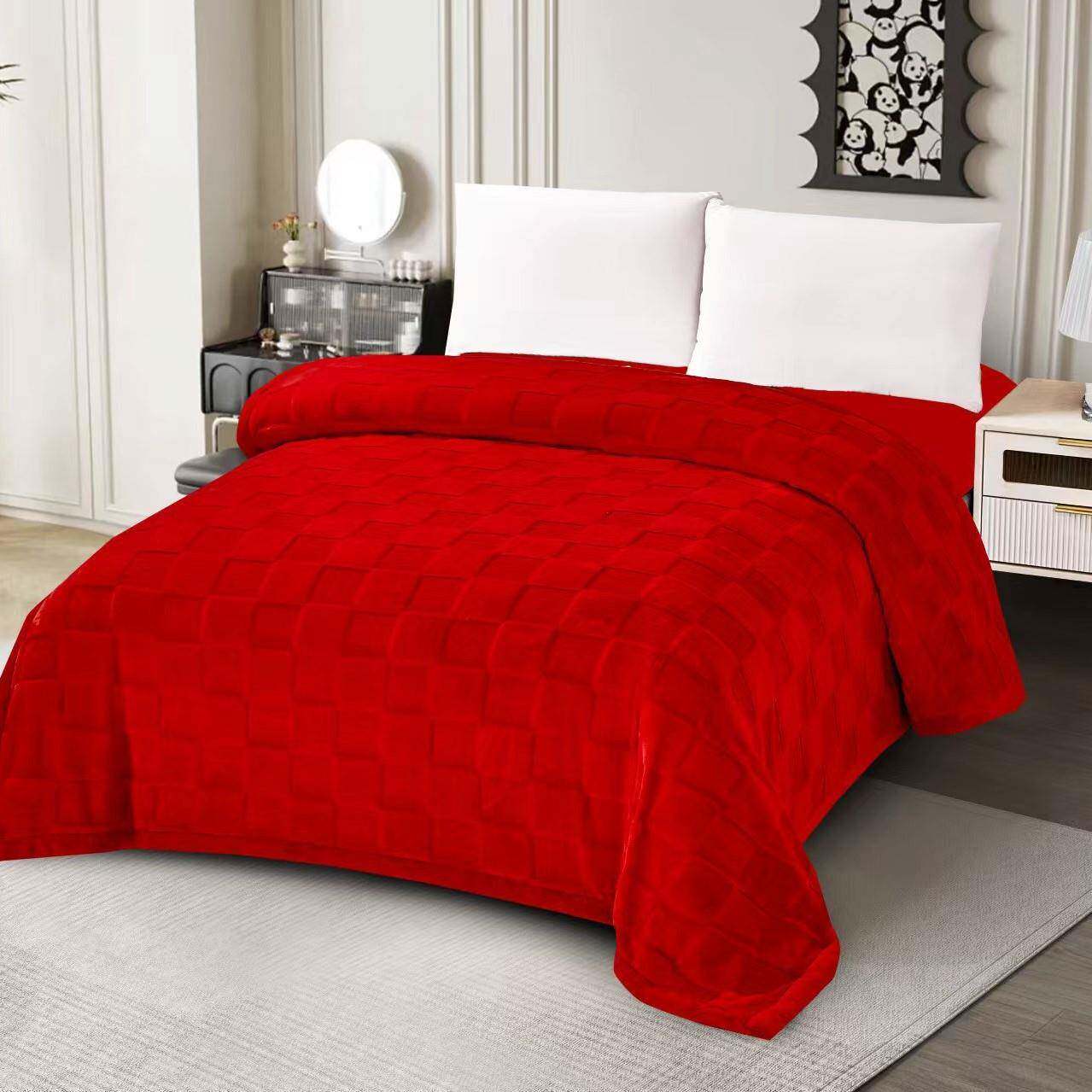 高端欧式大红色毛毯方格仿兔兔绒加绒加厚床单结婚陪嫁毯床上用品