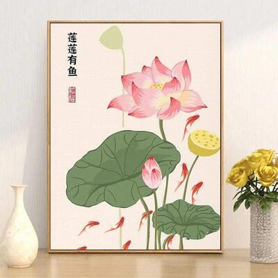 荷花diy数字油画0基础填充手工涂色简单绘画减压解闷挂墙装饰画
