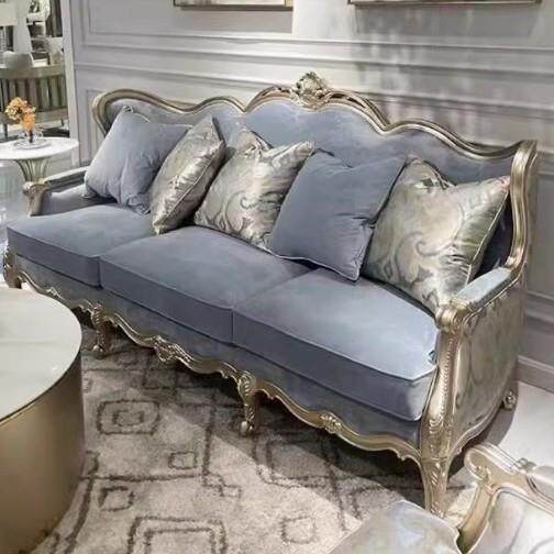 美式木轻维也纳蓝色布三人位沙发组合奢MRO艺华奢客厅实整装雕花