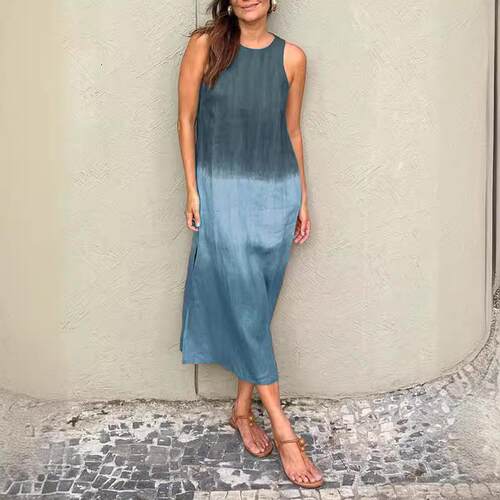 Women's cotton and linen sleeveless slit gradient