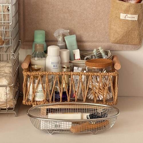 藤编收纳篮家用洗漱台洗手台浴室桌面杂物化妆品收纳盒玄关高级感