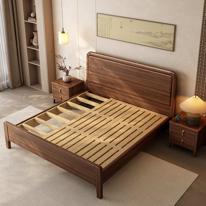 黑胡桃木新中式实木床1米8双人床主卧现代简约家用小户型储物婚床