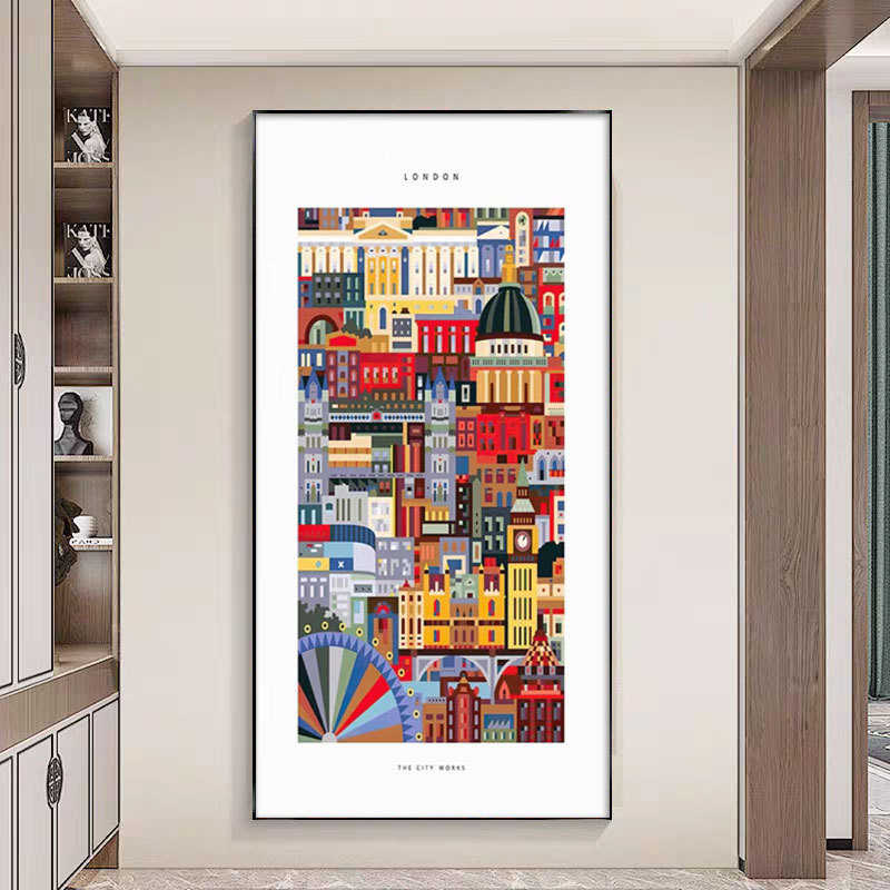 现代彩色城市建筑特色进门玄关装饰画客厅抽象墙面画走廊过道挂画图片