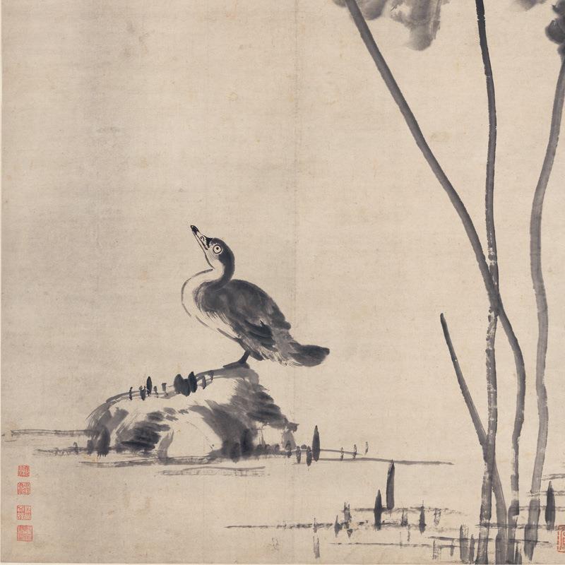 雅林文化新中式名家字画八大山人荷花鸟画挂画客厅国画