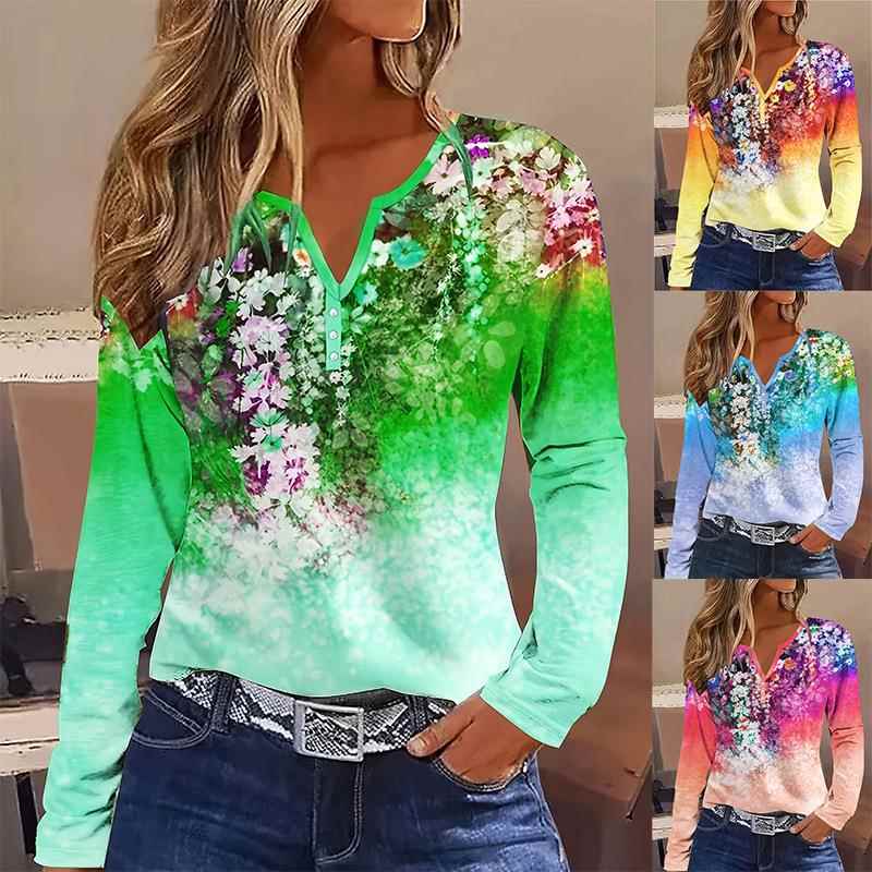 Women Top Neck Round Flower Women T-shirt Sleeve Long