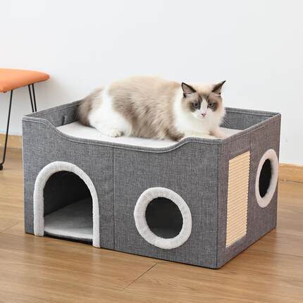 宠物窝四季通用猫窝双层多洞剑麻磨爪宠物用品全封闭式可折叠狗窝