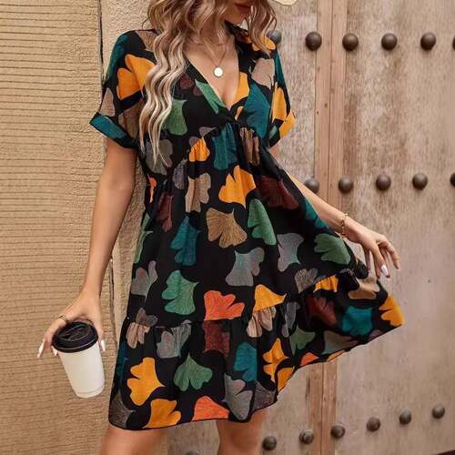 Women's V Neck Dress Floral Print Batwing Sleeves Mid-Length