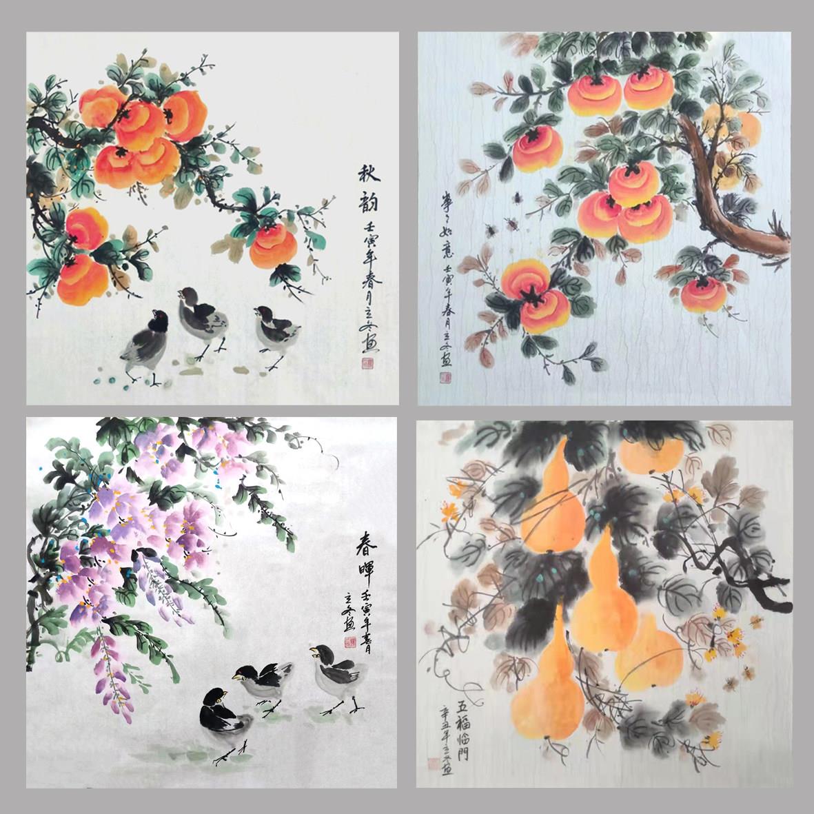 手绘花鸟挂画三尺斗方事事如意寿桃紫藤葫芦新中式餐厅客厅装饰画