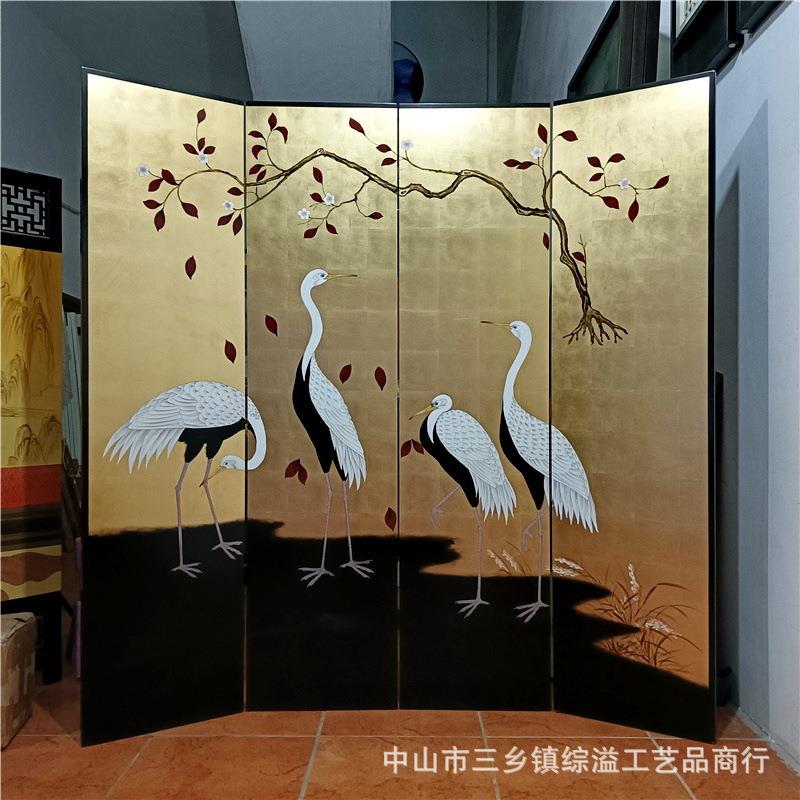 金箔手绘仙鹤新中式客厅沙发背景装饰隔断酒店茶餐厅活动折叠屏风
