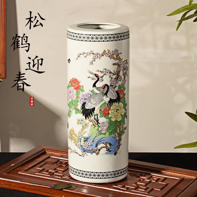 景德镇中式粉彩松鹤迎春陶瓷直筒花瓶箭筒陶瓷摆饰水培植物插花瓶