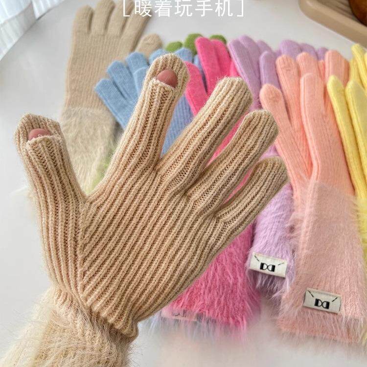 秋冬多巴胺纯色保暖五指手套百搭针织可爱学生女甜美长款骑行袖套