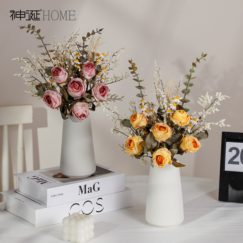 ins玫瑰小雏菊仿真花假花干花摆设客厅高档摆花餐桌花艺摆件装饰
