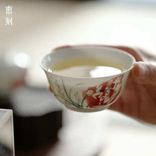 束刻玉瓷兰亭晚唱圆口主人杯品茗杯手绘釉下彩白瓷兰花泡茶杯单杯