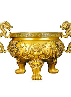 铜香炉摆件三足鼎莲花九龙黄铜居家客厅寺庙佛堂祠堂桌面室内定制