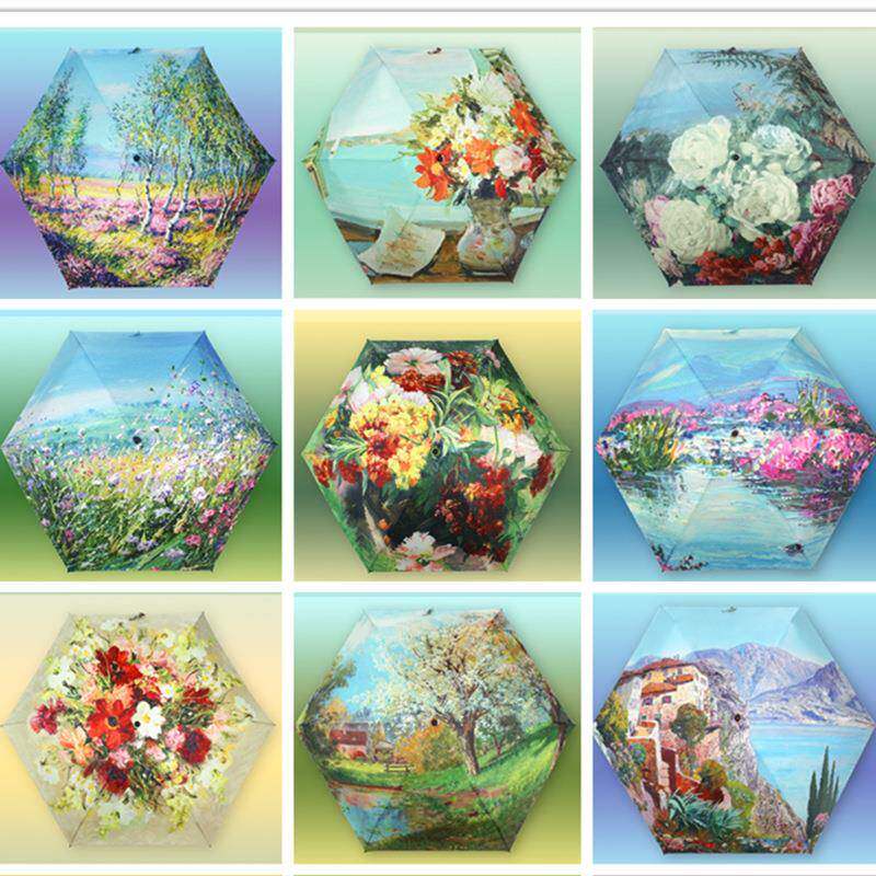 商柜货日系五折超轻超轻便携手绘插画纳米金胶黑胶防晒太阳伞