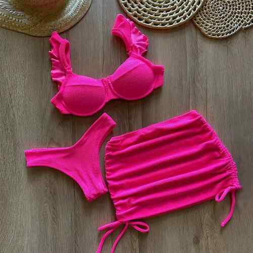 High waisted drawstring bikini set women高腰抽绳比基尼套装女