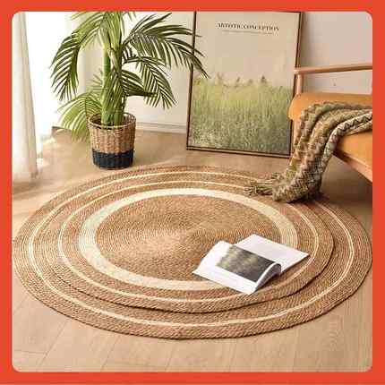 ?藤编垫蒲草椭室圆形地毯卧编织F768M77M圆形草垫子宿装地饰垫子