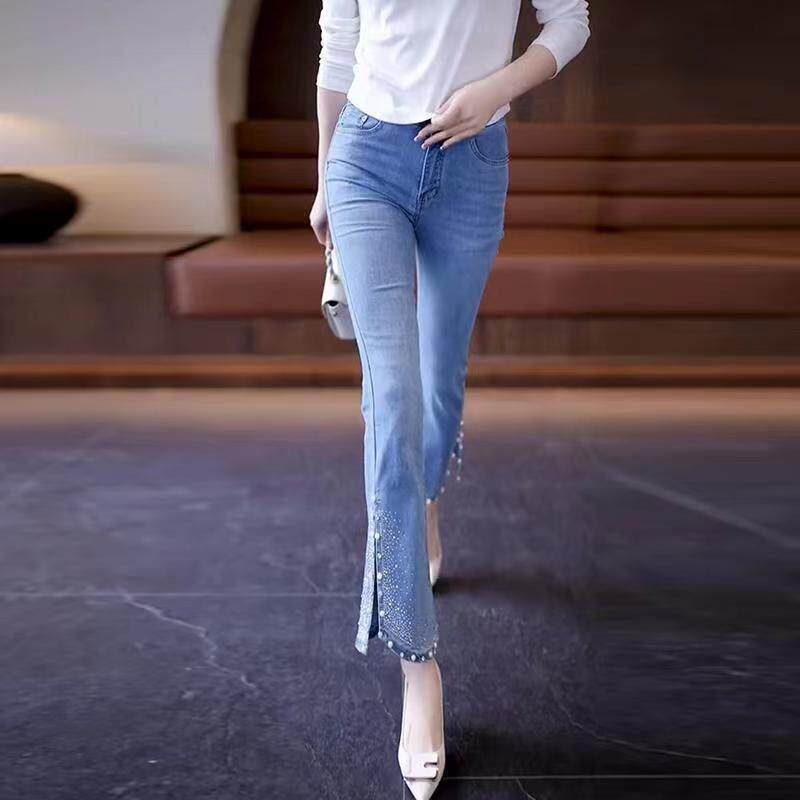 镶钻微喇牛仔裤女2026夏季薄款高腰修身显瘦时尚开叉休闲九分裤子
