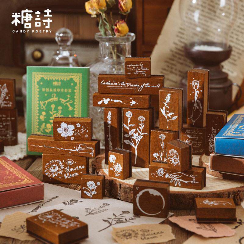 手帐木制印章套装 复古花朵植wu手指手势创意手账装饰印画工具