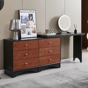 复古风卧室梳妆台斗柜一体实木中古床尾化妆桌胡桃木纹伸缩收纳柜