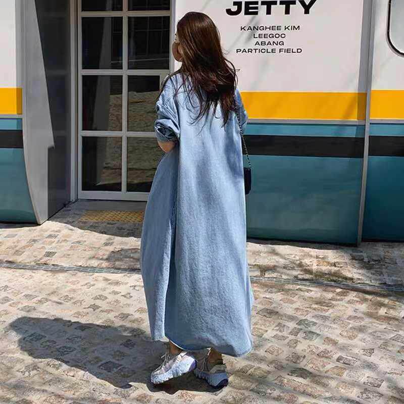 现货秋季长款过膝牛仔外套女韩版bf风长袖衬衫百搭休闲风衣开衫潮