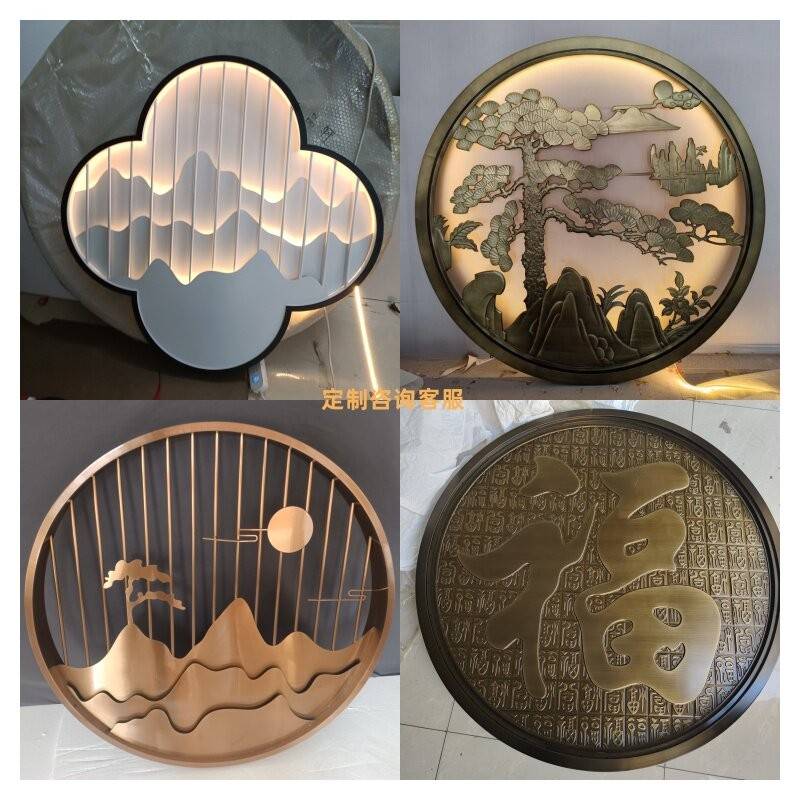 不锈钢圆形假山影壁墙金属背景墙浮雕圆弧嵌入式户外庭院玄关窗花