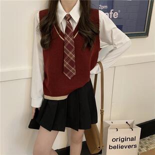 学院风V领针织马甲+衬衫两件套秋冬甜美红色毛衣背心+百褶裙套装