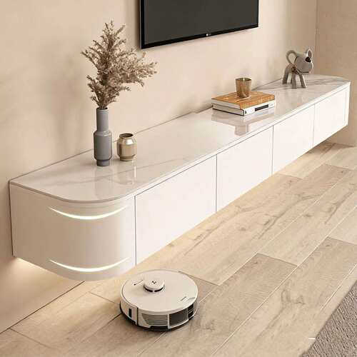 实木悬空电视柜客厅壁挂式家用奶油风电视柜收纳储物柜岩板电视柜