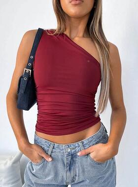 Single shoulder open back pleated vest top T-shirt for women