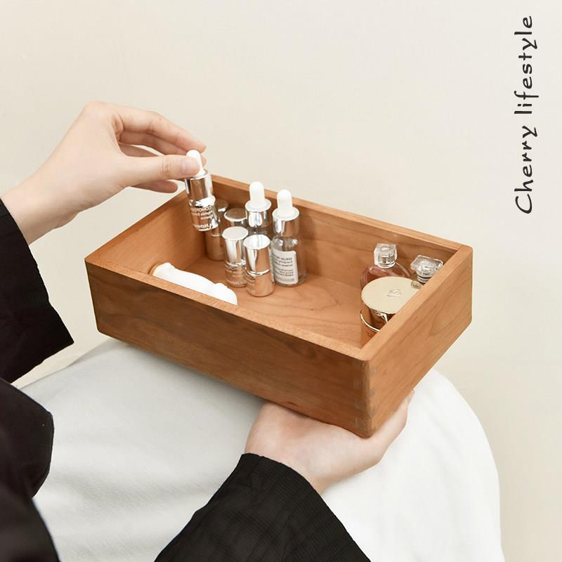 樱桃木收纳盒珠宝首饰木盒香水小样化妆品桌面杂物整理玄关钥匙盒