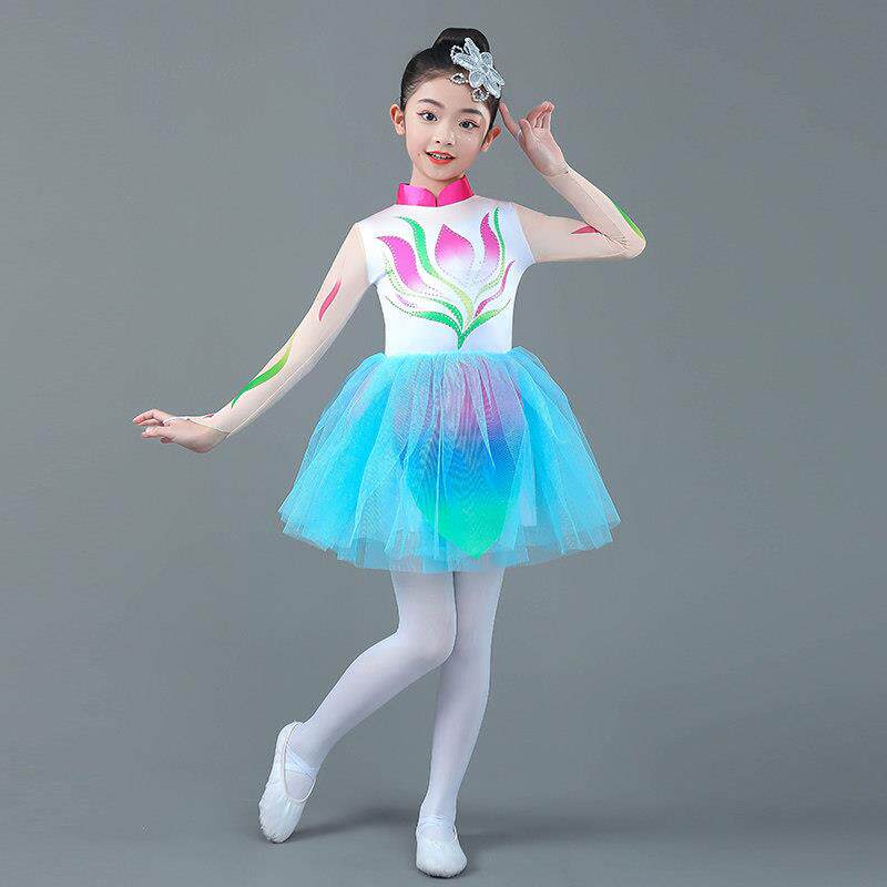 高档我为祖国画朵花童蓬蓬扇纱裙演出服少儿舞表子演玉儿兰花开舞